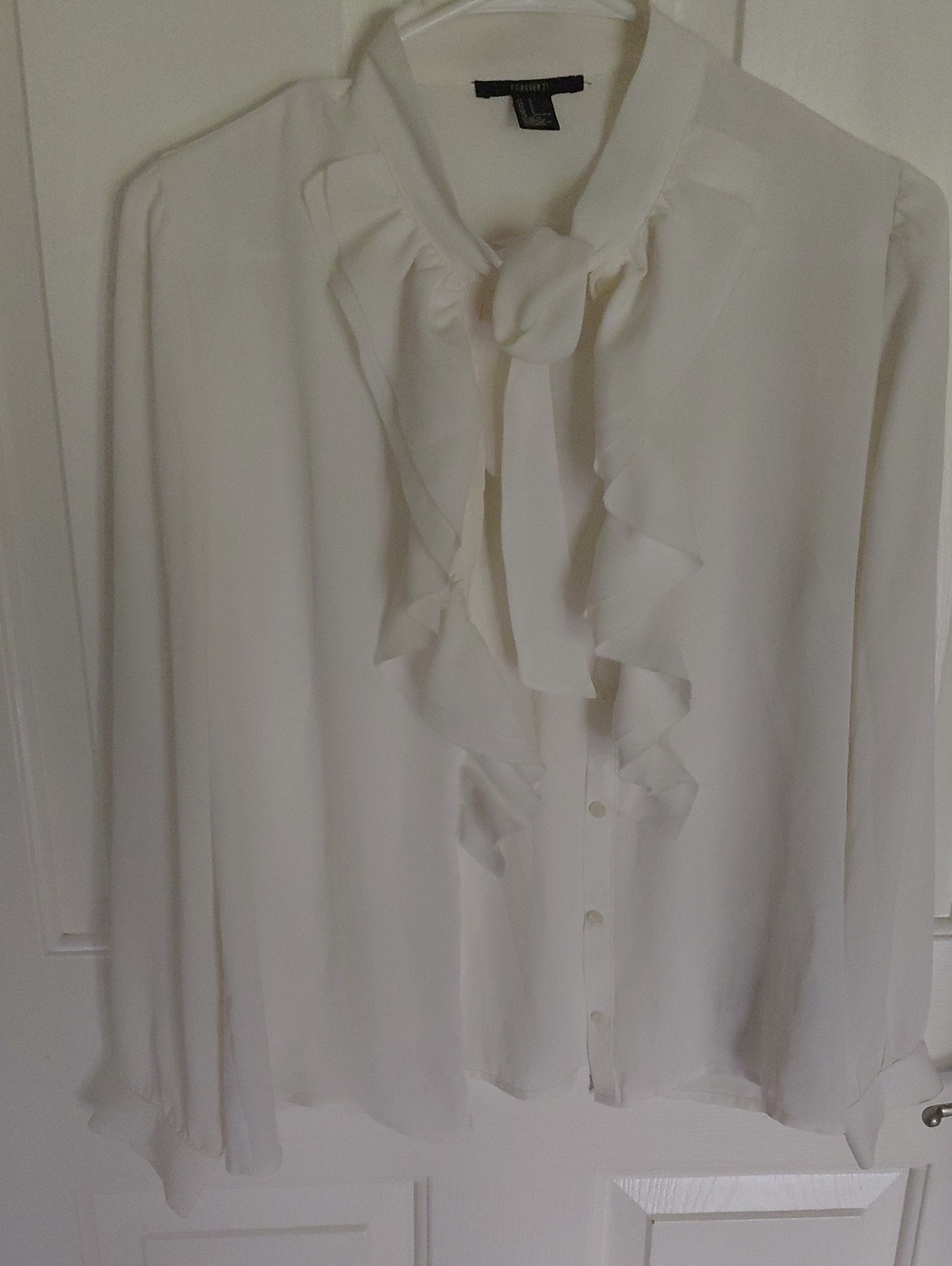 Forever 21 Cream Ruffle Tie-Neck Blouse